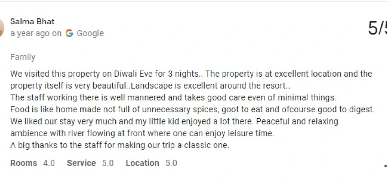 customer marks Pacific Inn as best riverside resort in rishikesh in google review